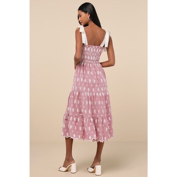 JACQUIE THE LABEL Red Isabella Gingham Embroidered Tiered Midi Dress Size S NWT - Picture 1 of 8